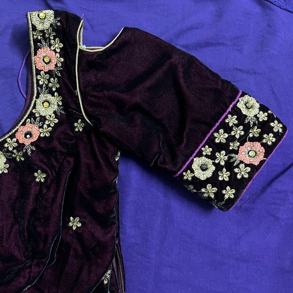 Grand Wine Coloured Lehenga Embellished with Pink and Gold Embroidered Flowers - Picture 9 of 17